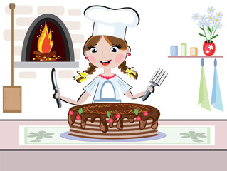 Girl  cook with pie