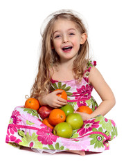 laughing girl whit Apples and Orange