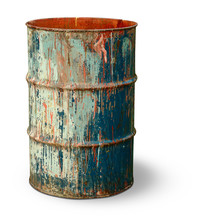 Isolated Barrel. Old Rusty Metal Barrel Covered With Multicolored Spots