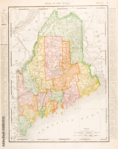 Board z aluminiowym obramowaniem Antyczne vintage kolor mapa maine, ja, jednoczy państwa, usa