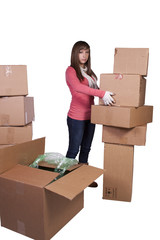 Wall Mural - young girl packing up and moving - isolated