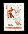 mail stamp printed in Hungary featuring slalom skiing