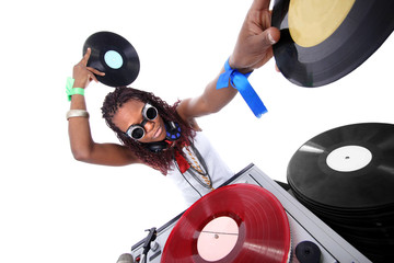 Wall Mural - cool afro american DJ in action isolated on white