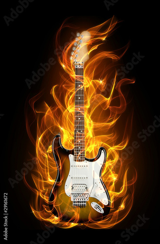 Plakat na papierze fotorealistycznym Gitara elektryczna w ogniu i płomieniach