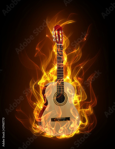 Obraz na płótnie canvas czteroczęściowy "tetraptyk" Gitara akustyczna w ogniu i płomieniach