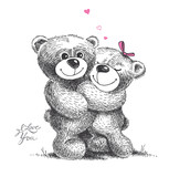 Couple of hugging teddy bears. Hand drawn illustration.