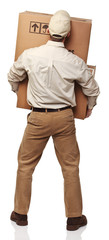 Wall Mural - Caucasian courier with parcel rear view isolated white background