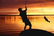 Fisherman with fishing tackle and catching fish at sunrise