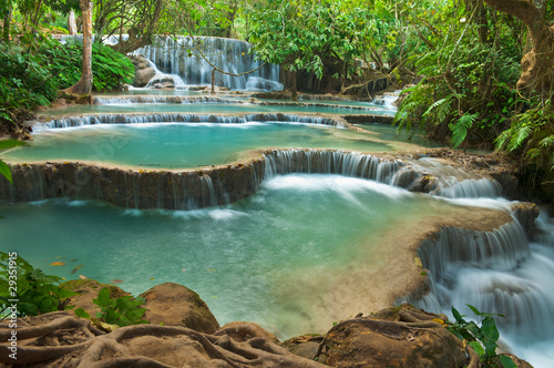Obraz na płótnie canvas trzyczęściowy "tryptyk" Wodospad Kuang si, luang prabang, Laos