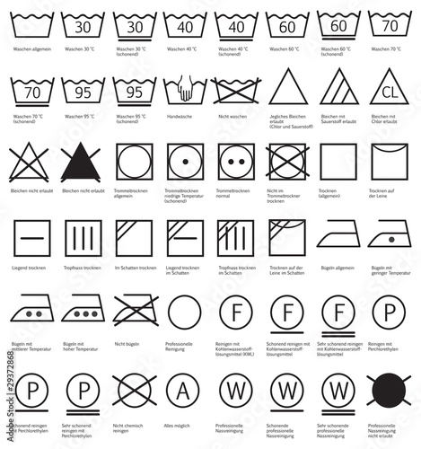 Fotografía Textilpflegesymbole Waschen, Reinigen, Trocknen, Glätten