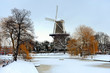 Dutch Mill buildings in snow