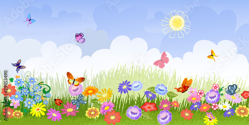 Obraz w ramie Ilustracyjna kolorowa łąka - dla dzieci