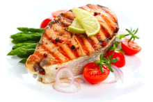 Grilled Salmon With Lime, Asparagus And Cherry Tomatoes On White