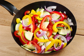 Sticker - The raw ingredients of ratatouille in a frying pan