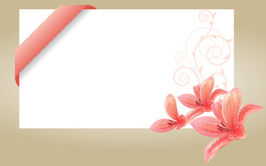 Wall Mural - Blank white visit card with pink ribbon and lilies