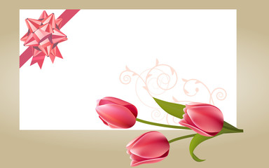 Wall Mural - Blank white visit card with pink bow and tulips