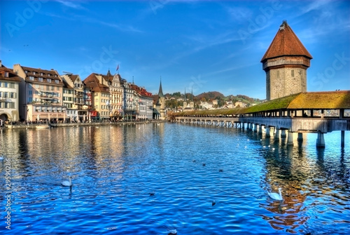 Chapel Bridge, Lake Lucerne on a Sunny Afternoon in Autumn Poster