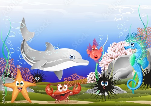 Obraz w ramie Animali Mare Sfondo Marino-Sea Animals Background-Vector