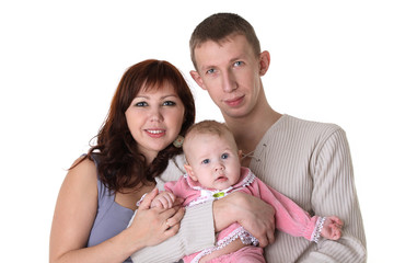 Wall Mural - smiling family - mother, father and child isolated on white