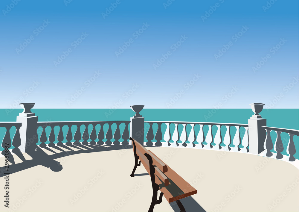 area for relaxing with a view to the sea - obrazy, fototapety, plakaty 