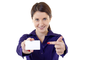 young pretty woman holding blank business card