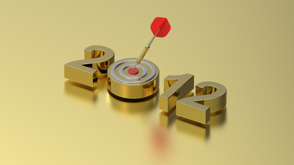 Dart hitting target - New Year 2012 isolated on gold background