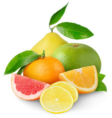 Wall Mural - Isolated citrus fruits. Heap of orange, tangerine, lemon and grapefruit pieces, and pomelo isolated on white background