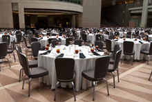 Large Room Set Up For A Banquet, Round Tables