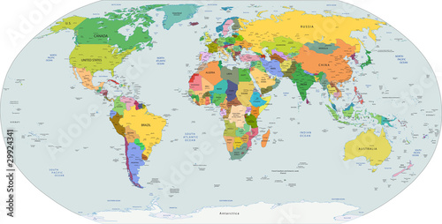 Board z aluminiowym obramowaniem Globalna mapa polityczna świata, wektor