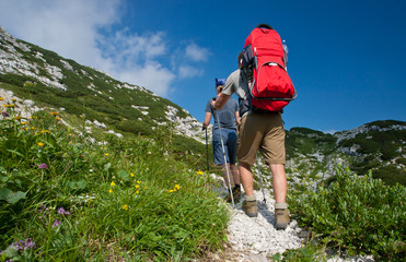 Wall Mural - mother and father hike with baby boy