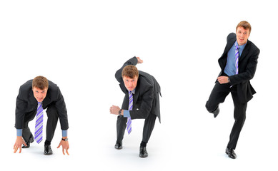 Businessman on starting line isolated over white