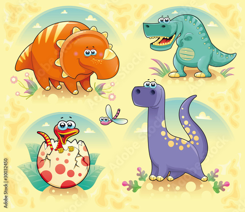 Obraz w ramie Group of funny dinosaurs. Vector isolated characters