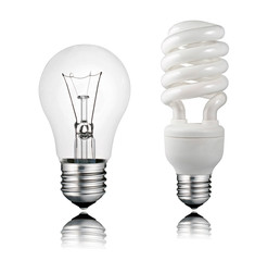 normal and saver lightbulb with reflection isolated on white