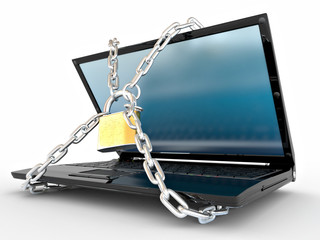 Poster - Laptop with chains and lock on white isolated background