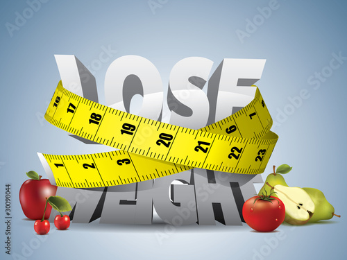 Fotografía Lose weight text with measure tape and fruits
