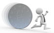 A business man running from a huge coin with the euro symbol