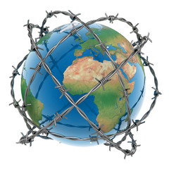 3d earth surrounded by barbed wire over white background