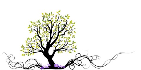 green vector tree with root and flowers - illustration