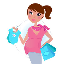 Pregnant Mom On Shopping For Baby Boy. Vector Illustration.
