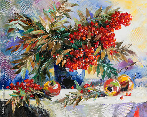 Fototapeta na wymiar Still-life with a mountain ash and apples