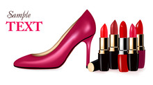 Sexy High Heel Shoes Shoes And Lipsticks. Vector