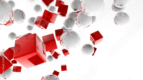 Obraz w ramie White balls and red cubes flying in the white space