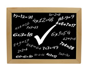 Various mathematical sums on a wooden frame blackboard