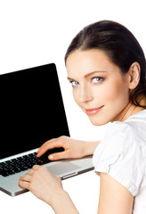 Portrait of businesswoman working with laptop, isolated