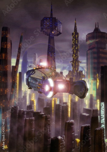 Cuadros en Lienzo futuristic city and flying car