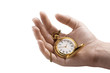 © Bernulius - closeup of hand with pocket watch on white background