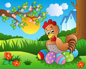 Wall Mural - Meadow with hen and Easter eggs