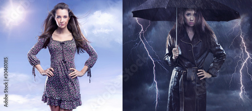 Fototapeta na wymiar Conceptual photo of a spring woman versus sad autumn lady