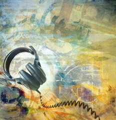 Wall Mural - Grunge musical background with headphones