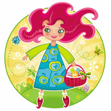 Cute Girl With Basket Full Of Easter Eggs